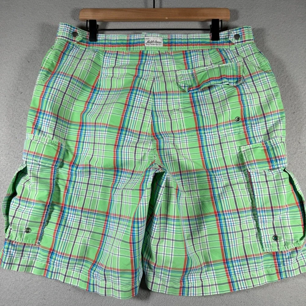 Vintage Polo Ralph Lauren Mens Green Plaid‎ Cargo Shorts Size 36 Drawstring